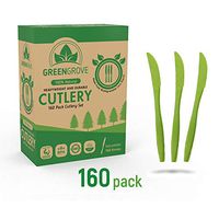 100% Compostable Knives in Green- 160 Large Biodegradable Ecofriendly Utensils. Sturdy 7" inch Plastic, Wooden and Bamboo Silverware Alternative