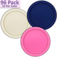 96 Paper Dinner Plates (9") - Navy Blue, Ivory, Hot Pink - 32 Per Color, 3 Colors - Great Assortment for Birthday Parties, Weddings, Holidays, Baby Shower, Celebrations, and more