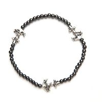Black Magnetic Therapy Stretch Anklet with 3 Silver Anchors (Size Large - 10")