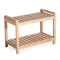 Light Natural Finish Solid Teak Wood Slatted Shower Bench Stool with Lower Shelf for Bathroom