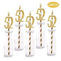 52nd Birthday Paper Straw Decor, 24-Pack Real Gold Glitter Cut-Out Numbers Happy 52 Years Party Decorative Straws