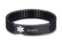 VNOX Black Stainless Steel Medical Aert ID Epilepsy Watch Band Strentch Bracelet for Women Girl,7"-7.2"