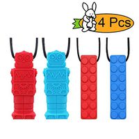 Chew Necklace by GNAWRISHING - 4-Pack (Robot and Building Block）- Perfect for Autistic, ADHD, SPD, Oral Motor Children, Kids, Boys, and Girls (Tough, Long-Lasting)