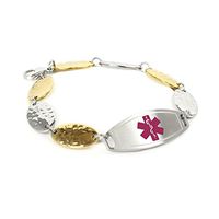 My Identity Doctor - Customized Medical ID Bracelet for Women with Engraving - 1.5cm Gold Tone Steel Petals - Purple - Wrist Size 7 Inch