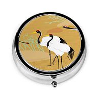 ZZguowuque Round Pill Case with 3 Compartment，Small Pill Case Portable for Pocket Purse， Travel Pills Box Beige Chinese with Cranes Japanese Pattern with Oriental Motifs Yellow Animal