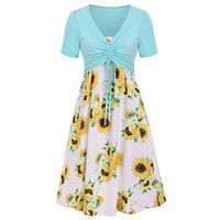 Dresses for Women Sunflower Print Short Sleeve Summer Casual Midi Dresses Suits Bow Knot Bandage Cover Up Straps Pleated Mini Tshirt Sun Dress