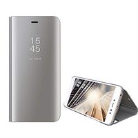 Amocase Smart Clear View Case with 2 in 1 Stylus for Samsung Galaxy A8 2018,Ultra Slim Electroplate Plating Stand Mirror Full Body Shockproof PC + Magnetic PU Leather Flip Case - Silver