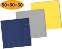 150 Beverage Napkins, Navy blue, Shimmering Silver, Lemon Yellow - 50 Each Color. 2 Ply Paper Cocktail Napkins. 5" folded, 10" unfolded.