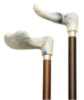 Walking Cane-White marbleized right hand. This wooden cane has a palm grip molded handle good for those with arthritis problems. This walking stick cane has a 36 inches long hardwood shaft. This walking aid hast a weight capacity of 250 pounds.