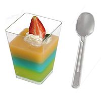 Beiyoudi 50 Pack 5 Oz Dessert Cups Tall Square Disposable Clear Plastic Mousse Pudding Cups Jelly Appetizers Tumbler Bowls with Plastic Spoons