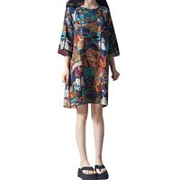 Plus Size Casual Women Floral Loose Cotton Linen Short Sleeve Summer Wear Dress Blue