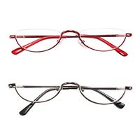 Retro Designer Alloy Half Moon REAVEE 2-Pack Reading Glasses Women Half Frame Stylish Slim Reader Glasses with Pouch,Red and Gun Grey 2.0