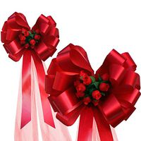 Red Pull Bows with Tulle Tails and Rosebuds - 8" Wide, Set of 6, Healthcare Workers Support Ribbon, Wedding Pew Bows, Valentine's Day, Reception, Aisle Decor, Anniversary, Fundraiser, Birthday, Party
