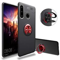 Soft Silicone Case for Huawei P30, Moiky Stylish Shockproof Ultra Slim Fit Phone Case with 360 Metal Ring Holder Stand Case for Huawei P30,Black+Red
