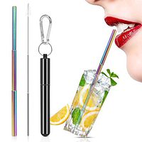 YHOUSE Reusable Collapsible Straw, Rainbow 9.25'' Stainless Steel Metal Straw, Portable Drinking Straw for 12oz/20oz/30oz Cups with Aluminum Case, Cleaning Brush and Keychain (Black)
