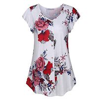 JQjian Summer Short Sleeve T-Shirt for Women, Ladies Bat Sleeve Flowers Round Neck Casual Tops Blouse Tee (XL, Red)