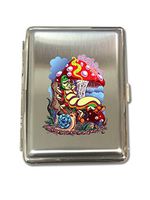 Smoking Caterpillar w/Pet Snail & Mushrooms - Metal Kings Size Cigarette Case Holder Brushed Chrome Slim 16 Cigs Design Spring - Birthday, Bachelor, Party, Weddings, Gift