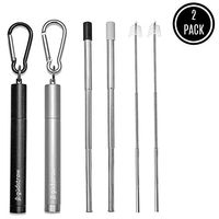 gudstraw | Reusable Metal Drinking Straw | Collapsible Retractable Telescopic Portable Stainless Steel | Silicone Tips Cleaning Brush Aluminum Case | Black and Silver