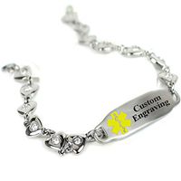 My Identity Doctor Custom Engraved Medical Bracelet 316L Stainless Steel Hearts, Round 2mm Cubic Zirconia - Wrist Size 8.25 Inch