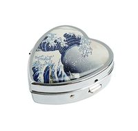 COWGOGO Hokusai The Great Wave Custom Design Fashion Silver Heart Shaped Glass Pill Case Decorative Metal Pill Box