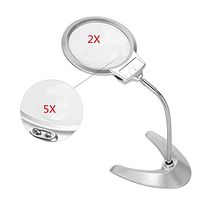 2X 5X Desktop Magnifier Reading Portable Hands Free 2 LED Light Professional Magnifying Desktop Foldable Loupe with Hands Free Adjustable Lamp Swivel Arm -No Batteries