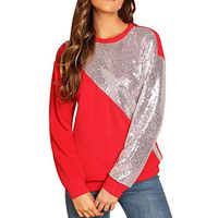 HNTDG Women Blings Sequins Color Block Patchwork Long Sleeve O-Neck Lightweight Sweatshirt Pullover Red