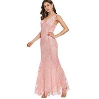 Jentouzz Women Sexy Backless Lace Party Pleated Maxi Dress V Neck Sleeveless Cocktail Long Formal Dress(L,Pink)