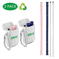 Alkey Collapsible Reusable Straws - 2 Pack Portable Silicone Drinking Straws with Carrying Case and Cleaning Brush for Party, Travel, Household, Outdoor, BPA Free(Pink&Blue)
