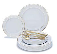 " OCCASIONS" 150pcs set (25 Guests)-Wedding Plastic Plates & cutlery -Disposable heavyweight Dinnerware 10.5'', 7.5'' + Silverware w/double fork (White & Gold Rim)