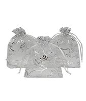 Ankirol 100pcs Sheer Organza Favor Bags for Wedding Baby Shower Rattan Print Gift Bags Samples Display Drawstring Pouches (3x4, Silver)