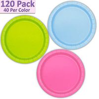 120 Paper Dessert Plates (7") - Light Blue, Neon Green, Hot Pink - 40 Per Color, 3 Colors - Great Assortment for Birthday Parties, Weddings, Holidays, Baby Shower, Celebrations, and more