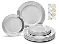 " OCCASIONS" 120 Plates Pack,(60 Guests) Heavyweight Premium Wedding Party Disposable Plastic Plates Set -60 x 10.5'' Dinner + 60 x 7.5'' Salad/Dessert (Diamond White/Silver)
