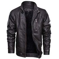 Alvinm Men's Jacket Vintage Zipper Stand Collar Solid Imitation Leather Coat Coffee