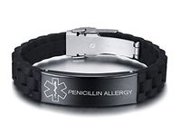VNOX PENICILLIN Allergy Medical Alert ID Black Silicone Rubber Stainless Steel Adjust Bracelet Wristband for Men