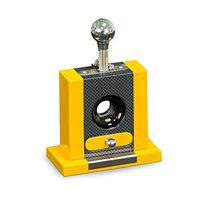 Executive Carbon Fiber and Yellow Lacquered Wood Table Top Guillotine Cigar Cutter with Drawer for Cutting