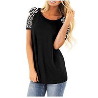 FIRERO Womens Leopard Short Sleeve Round Neck Color Block Casual T-Shirts Tunics Tops Black