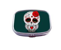 Luxcase Cute Red Day of the Dead Sugar Skull Owl Teal Custom Silver Pill Box Pocket Medical Tablet Holder Decoration Box Wallet