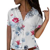 Meikosks Womens V-Neck Short Sleeve Blouse Floral Print Shirt Loose Plus Size Tunic Summer Tops Hot Pink