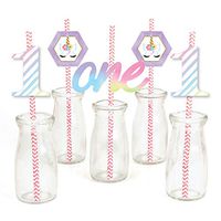 1st Birthday Rainbow Unicorn - Paper Straw Decor - Magical Unicorn First Birthday Party Striped Decorative Straws - Set of 24
