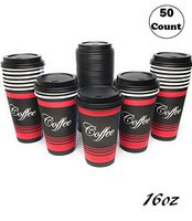 EcoQuality Durable Disposable Paper Cups & Dome Lids For Hot/Cold Drink, Coffee, Tea, Cocoa, Travel - Large 16 Ounce Cups, 50 Count Cups & Black Lids