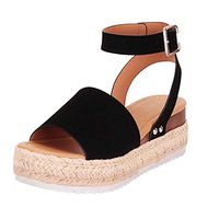 LONGDAY ❤ Womens Casual Espadrilles Trim Flatform Studded Wedge Buckle Ankle Strap Open Peep Toe Sandal Footbed Comfort Black