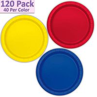 120 Paper Dessert Plates (7") - Red, Neon Yellow, Royal Blue - 40 Per Color, 3 Colors - Great Assortment for Birthday Parties, Weddings, Holidays, Baby Shower, Celebrations, and more