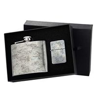Ash Quartz - New Vibe Silver Flip-Top Windproof Refillable Pocket Lighter & Silver Pocket Hip Flask Gift Set