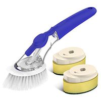 Soap Dispensing Dish Brush, Tearcam Kitchen Dish Cleaning Brush Pot Scrubber Cleaner with Non-slip Handle, Extra 2 Sponge Brush Heads (blue)