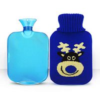 2 Liter Hot Water Bottle, Ease Aches and Pains Aid Comfort Sleep, Light Blue Bottle + Cute Knit Cover-Blue Elk