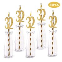 32nd Birthday Paper Straw Decor, 24-Pack Real Gold Glitter Cut-Out Numbers Happy 32 Years Party Decorative Straws