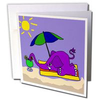 3dRose Purple Elephant sipping Tropical Drink At Beach Greeting Cards, 6" x 6", Set of 12 (gc_200495_2)