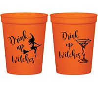 Halloween Orange Plastic Stadium Cups - Drink Up Witches Martini (10 cups)
