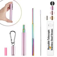 Reusable Collapsible Straw, Portable 9.25'' Rainbow Stainless Steel Metal Straws, Telescopic Drinking Straws for Drink Water with Pink Case Keychain Cleaning Brush Silicone Tip - Best Christmas Gift