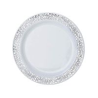 BalsaCircle 30 pcs 6.25-Inch White with Silver Trim Plastic Round Plates - Disposable Wedding Party Catering Tableware